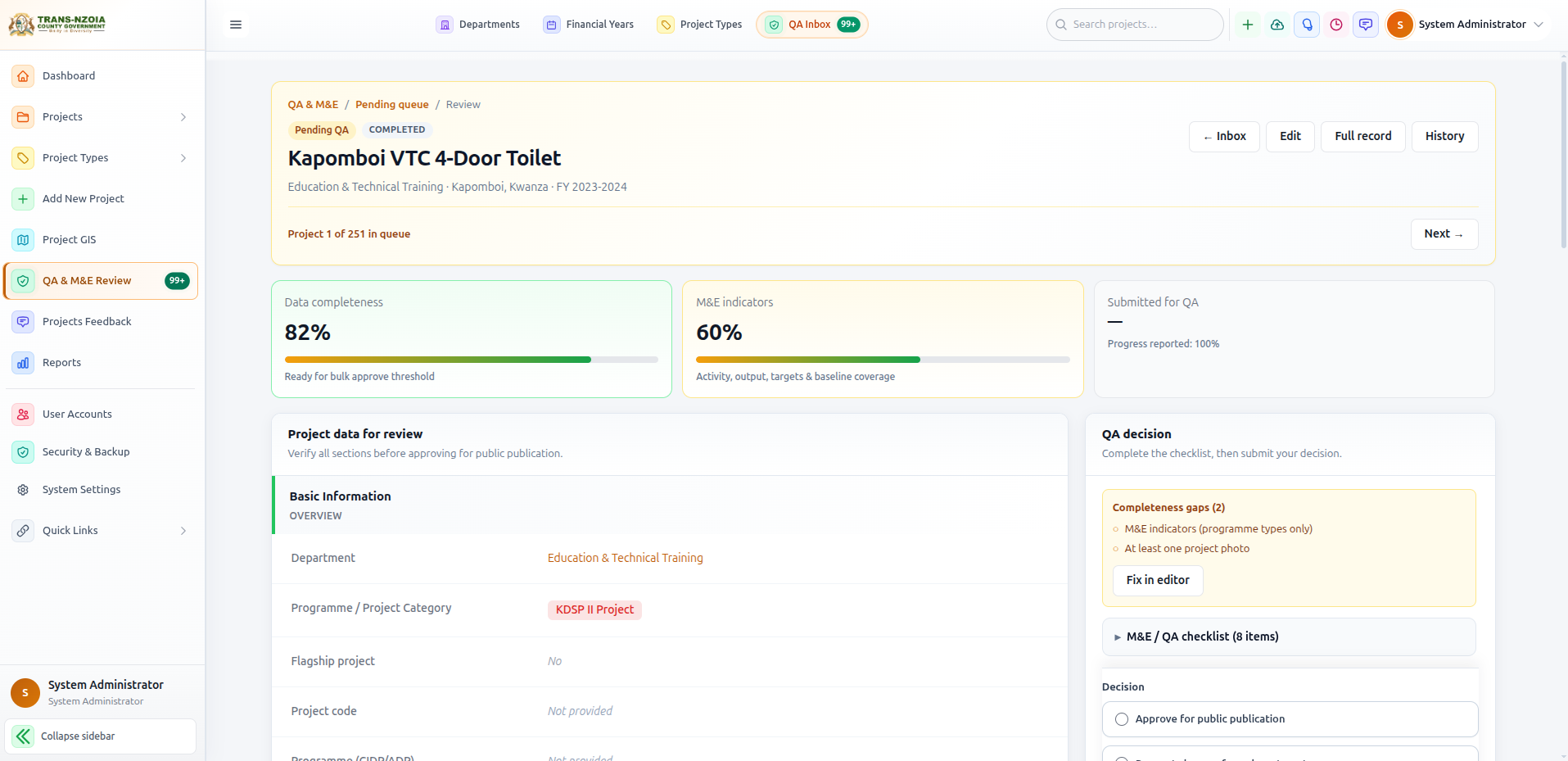 Individual project QA review screen with approve and reject actions